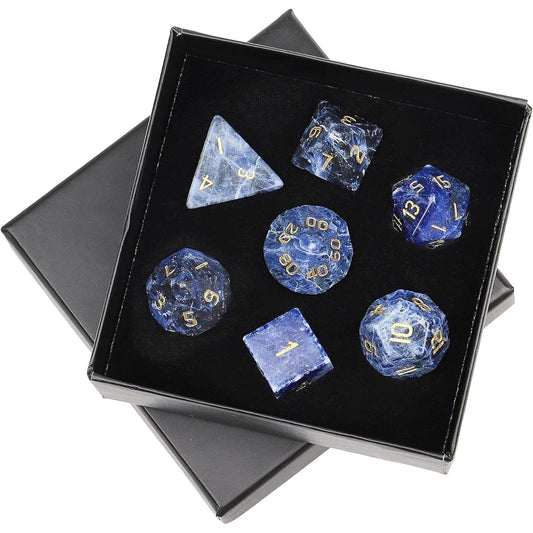 mookaitedecor 7pcs Sodalite Crystal Polyhedral DND Dice Set Polished Tumbled Stone Dice for RPG MTG Tabletop Games Home Decor