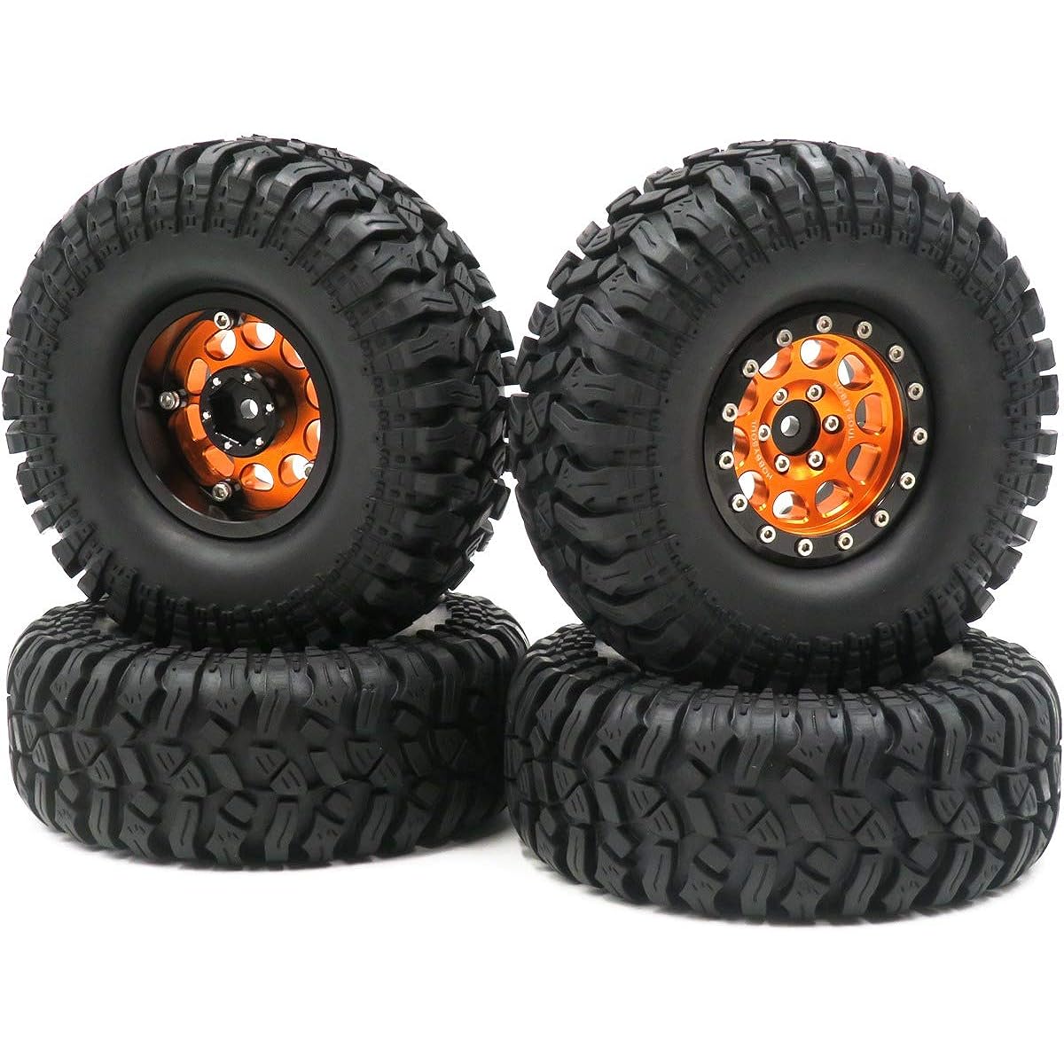 RC 1.9 Inch Crawler Mud Tire Off Road Tire Height 114mm & 1.9 Alloy Beadlock Wheel Rim Hex 12mm Black/Orange 4pcs