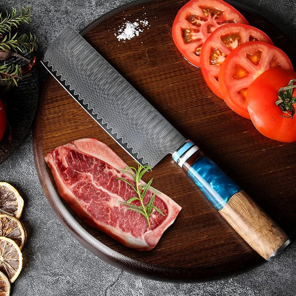 Kyushublade Vegetable Knife, Damascus Knife, Blade Length 6.7 inches (170 mm), Kitchen Utility Chef's Knife, Double-edged Chef's Knife, 67 Layers of High Carbon Stainless Steel, Unique Blue Resin +