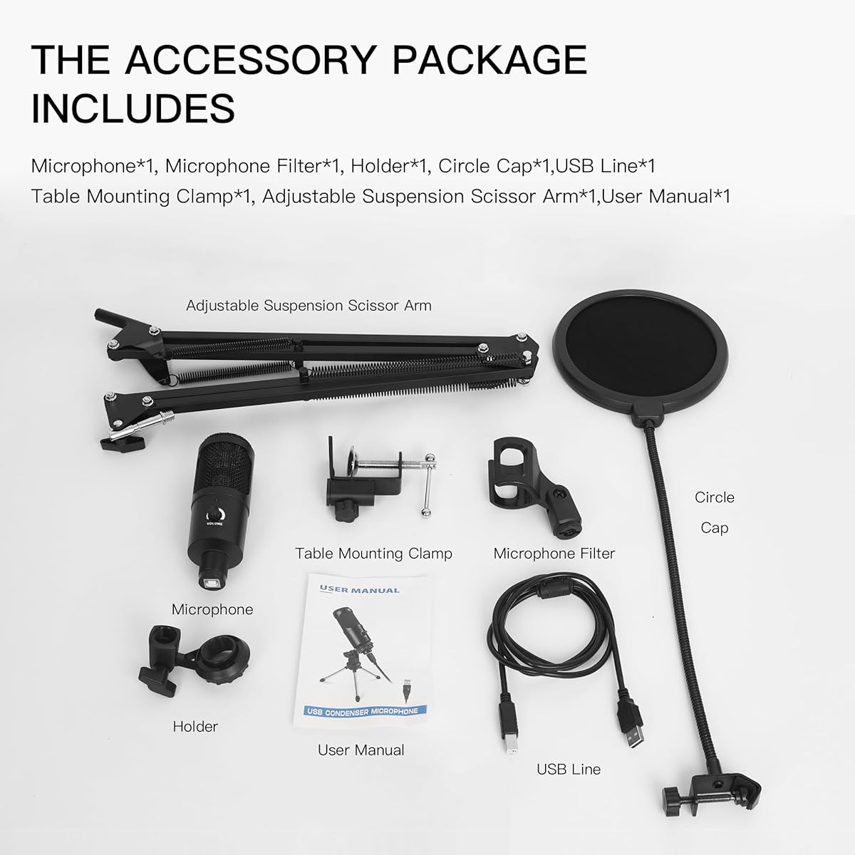 NKFUNGAT USB Condenser Microphone Kit Adjustable Mic Suspension Scissor Arm Metal Shock Mount Pop Filter for Streaming/Podcasting/Singing/YouTube/Studio, BM800