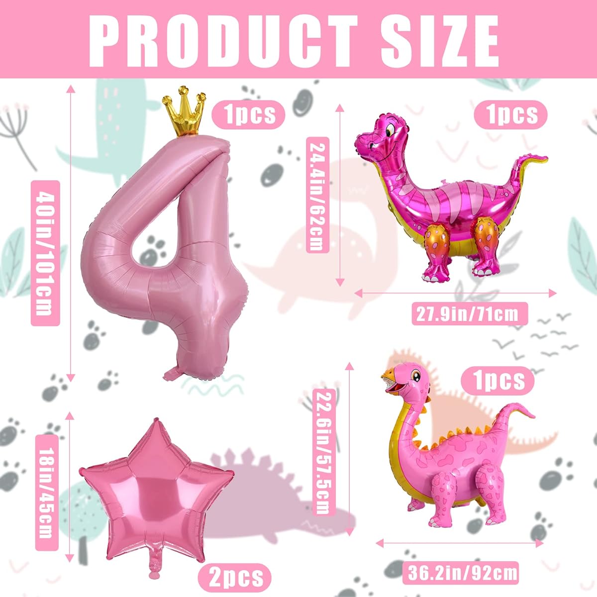5pcs Pink Dinosaur Balloons Girls Dinosaur Birthday Number Mylar Foil Balloons Pink Dinosaur 4th Birthday Party Supplies Decorations (Age 4)