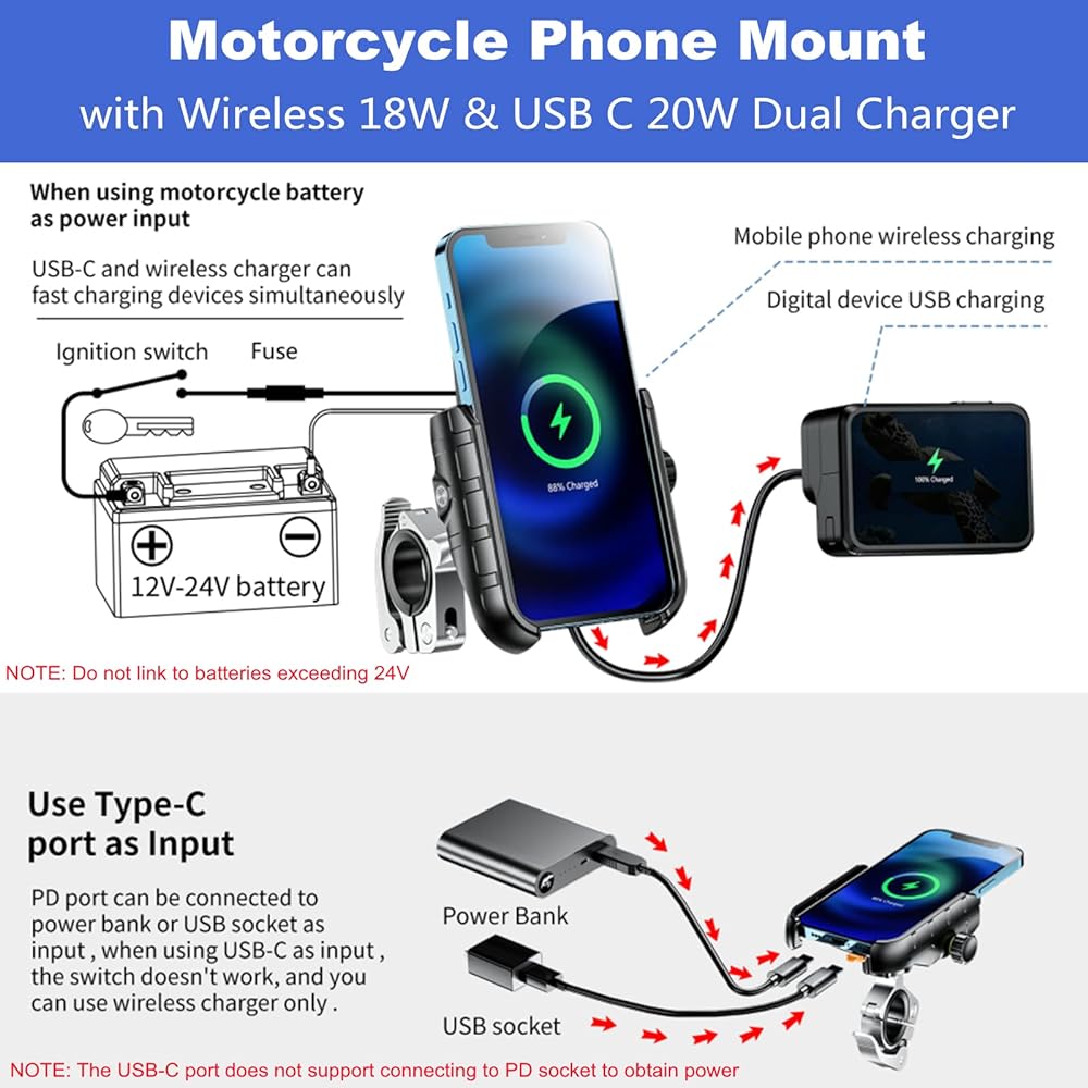 Kewig Motorcycle Phone Mount Wireless 15W & USB C 20W Dual Charger Anti-Vibration Motorcycle Phone Holder Aluminum Alloy Handlebar Mount Base Compatible with 4-7.9 inch Cell Phone