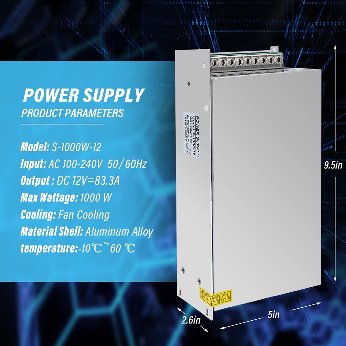 KHEARPSL Universal Control Switching Power Supply 110V/220V AC to DC Adapter Driver for CCTV Camera 3D Printer Computer Project (12V 83.3A 1000W)