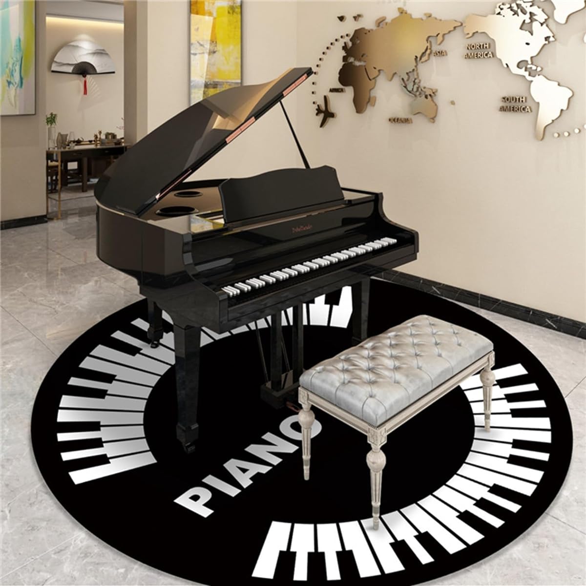 rcular mat, piano key pattern, round, piano mat, water repellent, rug, chair pad, upright piano carpet, with non-slip, scratch prevention, sound absorption, floor protection, vibration prevention, 180cm, for electronic pianos, musical instruments, chairs