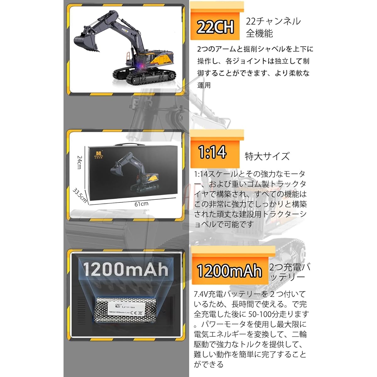 Construction Vehicle, Power Shovel, Radio Controlled, 22CH 2.4GHz Wireless, 360/680 Degree Rotation, 1:14 RC Shovel Bed, Sandpit Play, Toddlers, Children, Boys, Christmas, Birthday Present [Includes 2 Rechargeable Batteries] (Excavator Car radio control)