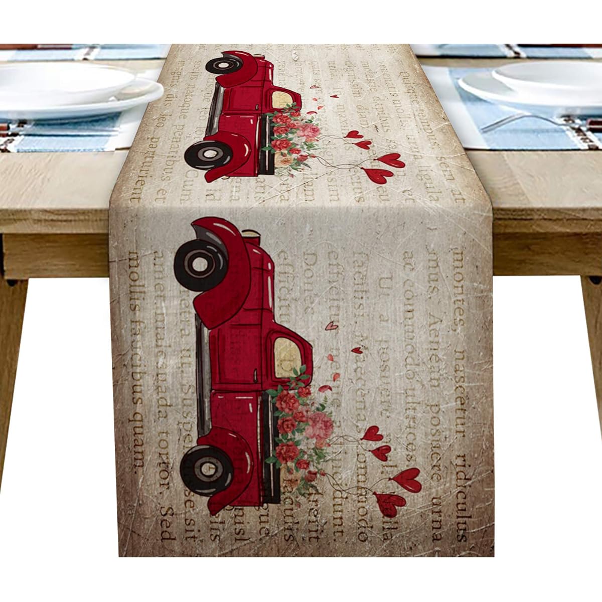 Coffee Table Runner Valentine's Day Rustic Truck Love Rose Burlap Farmhouse Home Kitchen Decor Craft for Family Dinner Party Gathering 18x72 Inch
