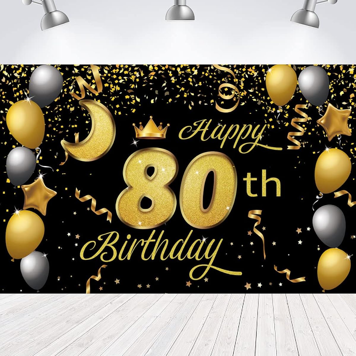 Sweet Happy 80th Birthday Backdrop Banner Poster 80th Birthday Party Decorations 80th Birthday Party Supplies 80th Photo Backdrop for Girls Boys Women Men - Black Gold 72.8 x 43.3 inches