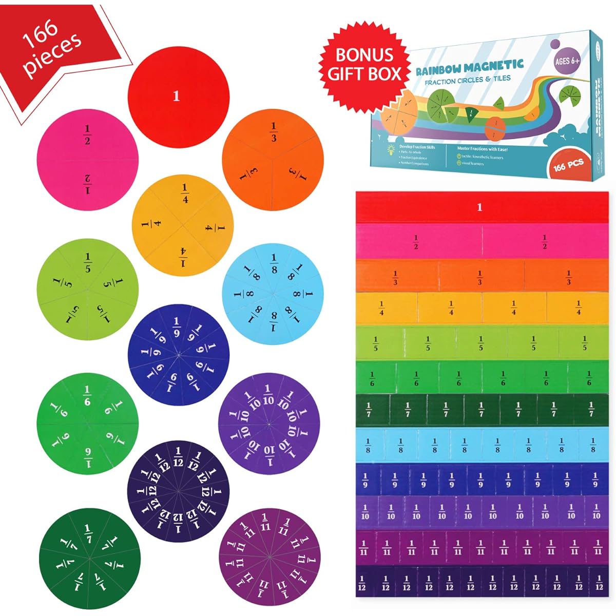 Simply Magic 166 Piece Magnetic Fraction Tiles & Fraction Circles - Elementary School Math Manipulatives - Fraction Magnets & Resources - Fraction Strips & Bars