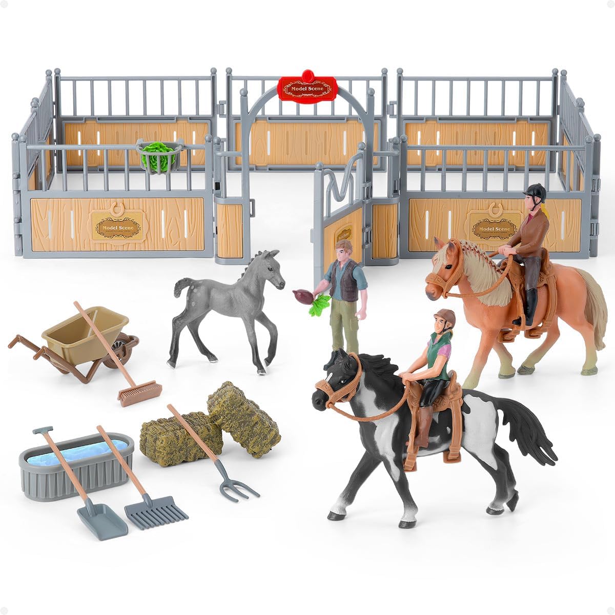 DuDuMo Horse Stable Playset, Horse Gifts for Girls and Boys, 3 Horses and 2 Riders, Horse Toy Set, Farm Animal Toys for Kids 3 4 5 6 7 8+