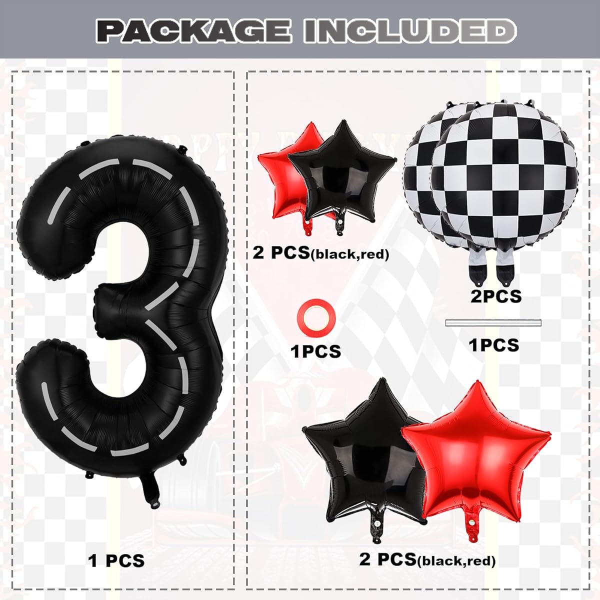 Race Car Birthday Party Balloons 40 Inch Big Mylar Foil Race Track Number Balloons 3 Black for Boys 3rd Birthday Party Decorations Race Car Theme Party Decorations Supplies Set of 9
