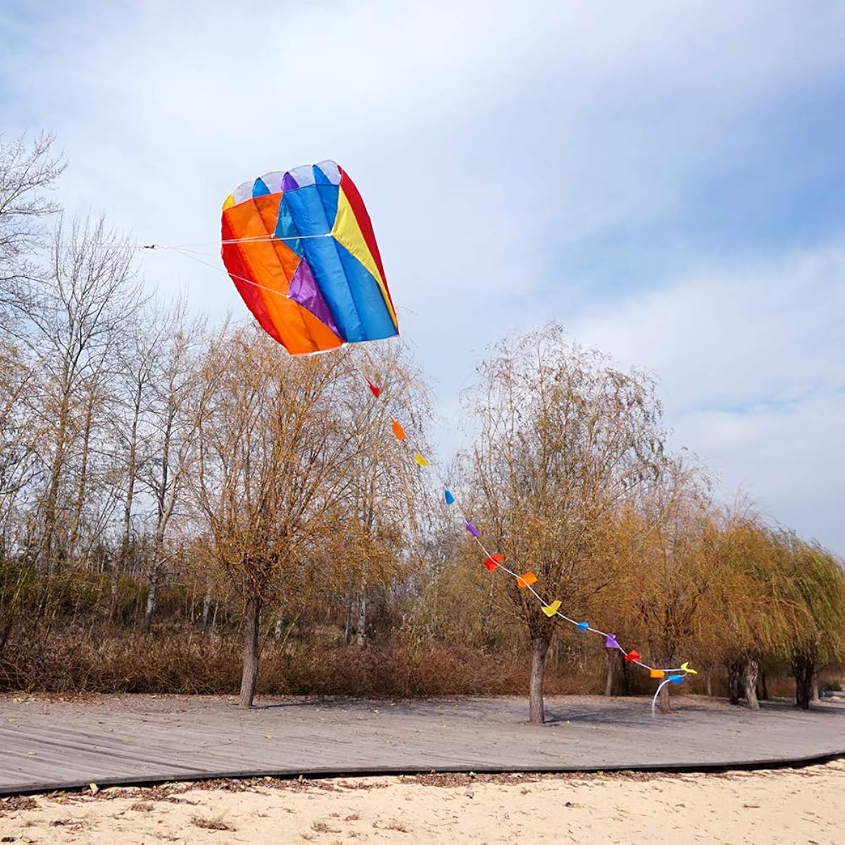 (1 Pcs) - Besra Colourful Parafoil Kite with Long Tail Easy to Fly Outdoor Fun Sports for Kids & Adults (1 PCS)