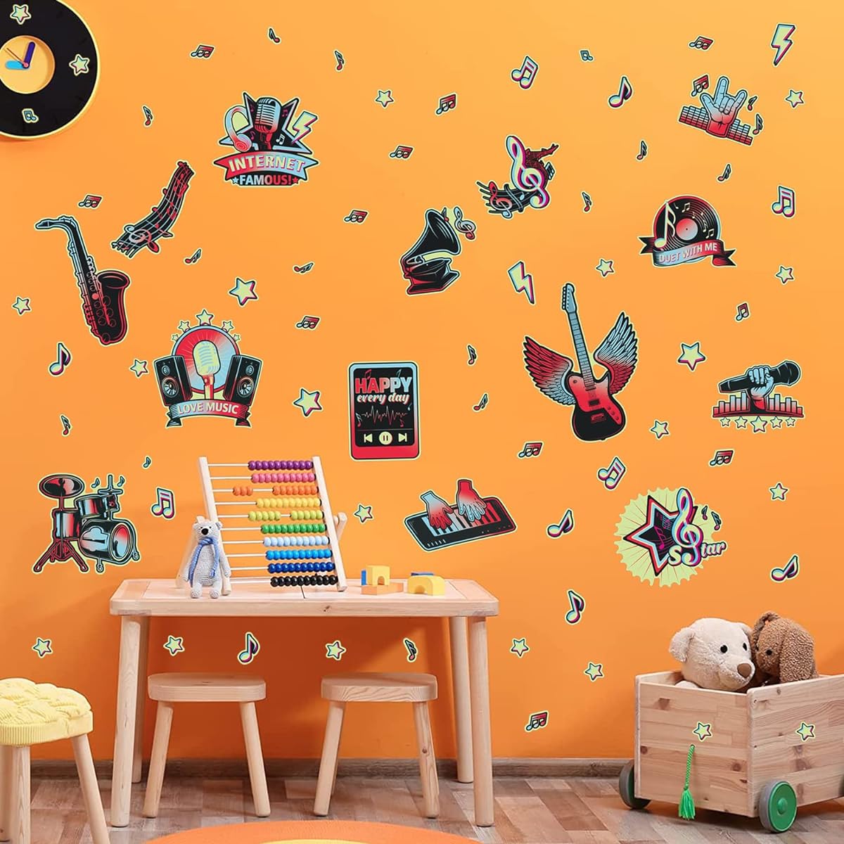 TOARTI Grow in the Dark Wall Sticker Luminous Music Wall Decal Instrument Sticker Piano Guitar Saxophone Drum Music Room Music Party Decoration