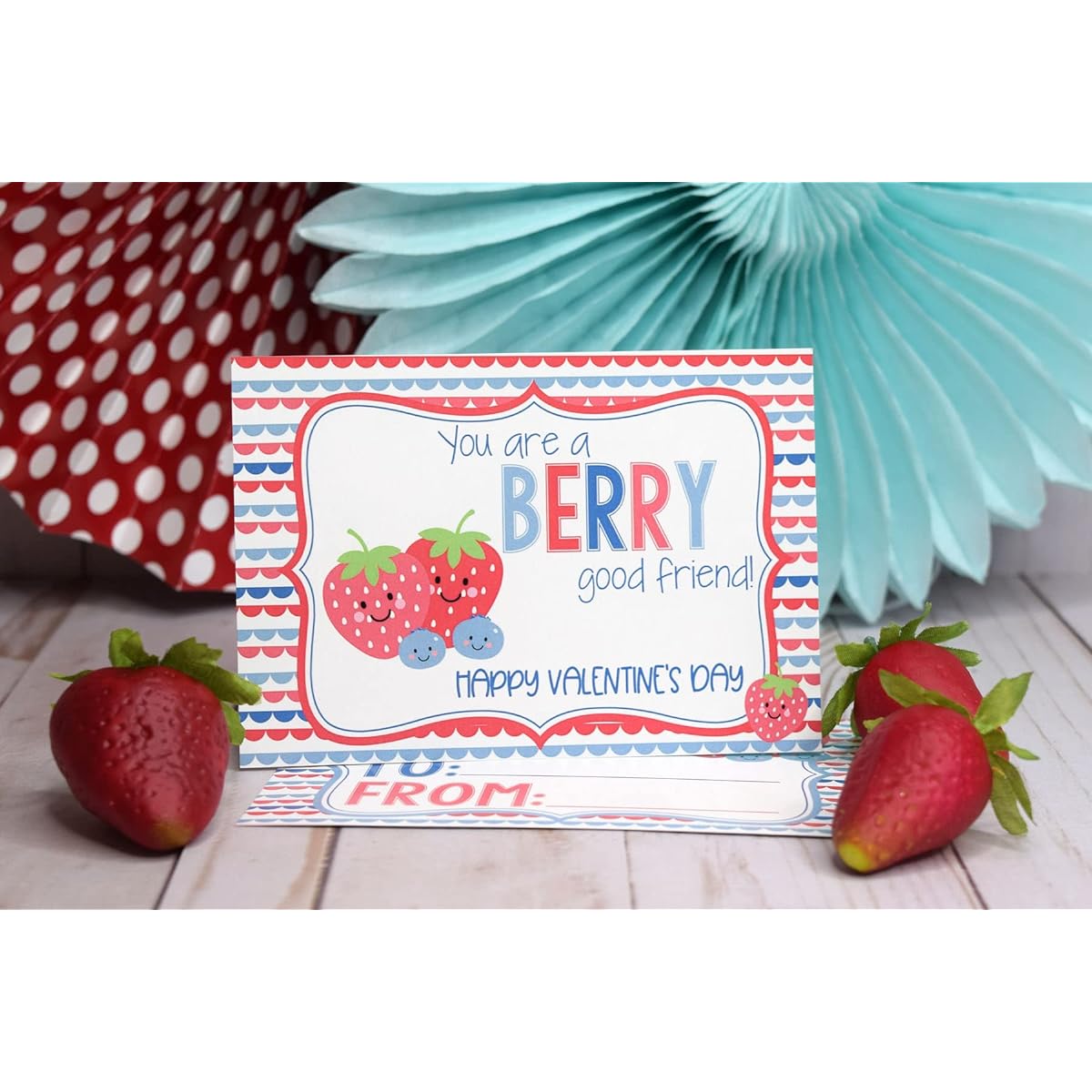 Amanda Creation Berry Themed Valentine's Day Exchange Cards for Friends and Classmates - 30 3.5" x 5" Fill-in Cards (No Envelopes)