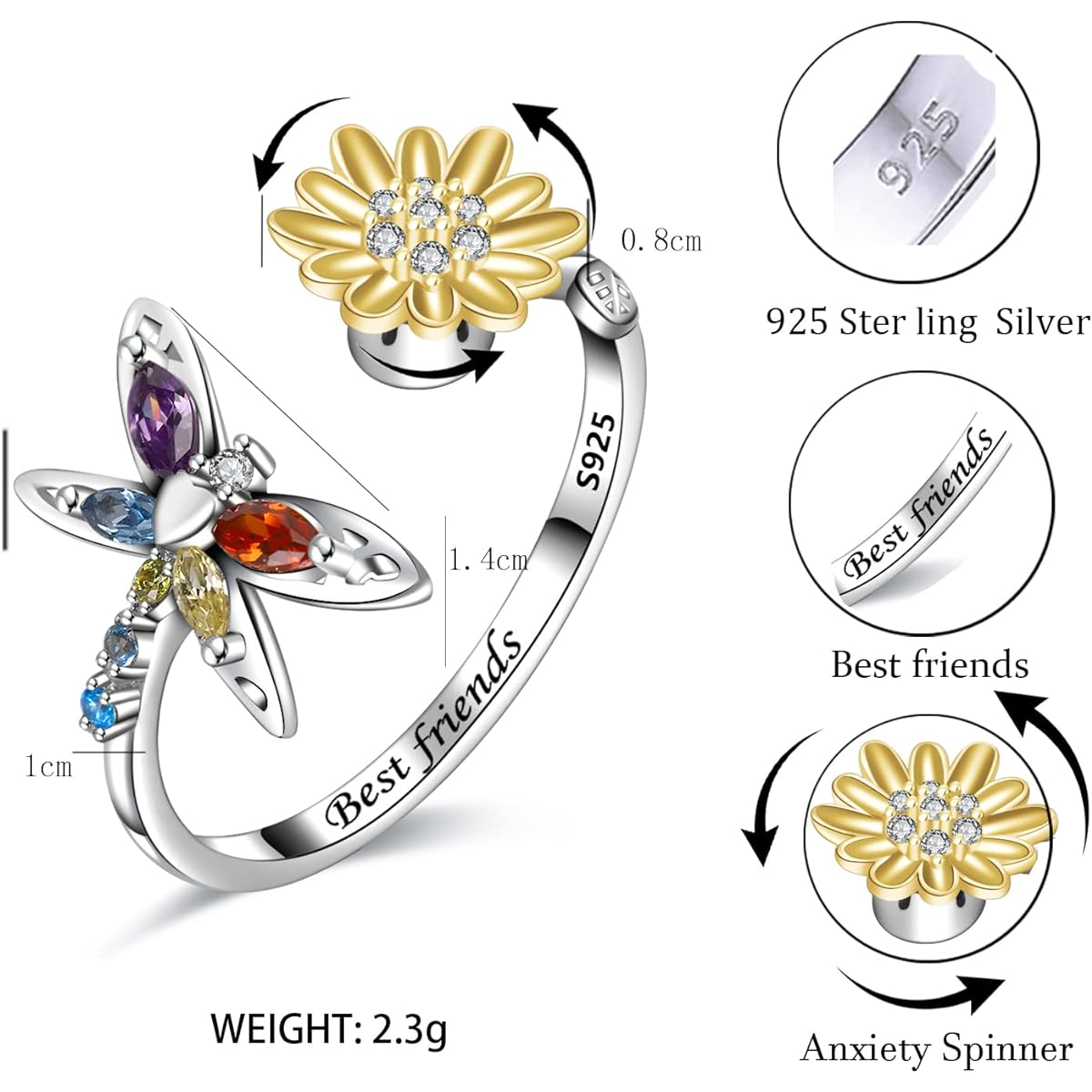 Lettering Anxiety Ring Sterling Silver Spinner Fidget Ring Butterfly Sunflower Gold Anxiety Spinning Ring - for Women Kids Teens Girls