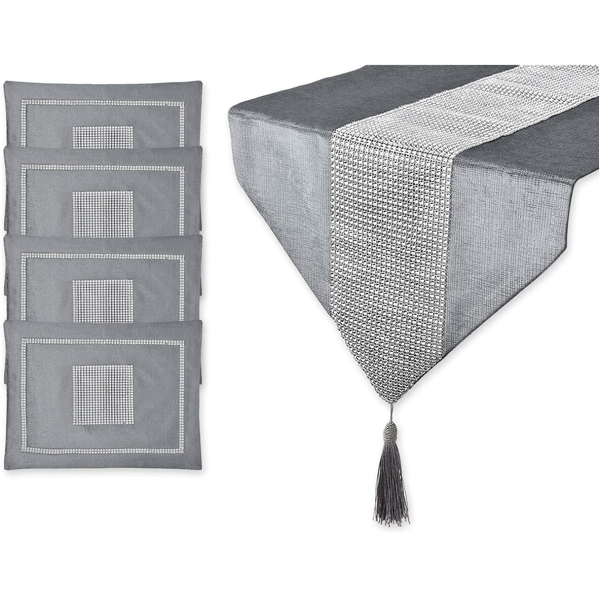 ACE SELECT Table Runner, Table Placemat, Rhinestone Tablecloth, Table Cover with Tassels, Party Table Decoration, Grey, 4 Pieces