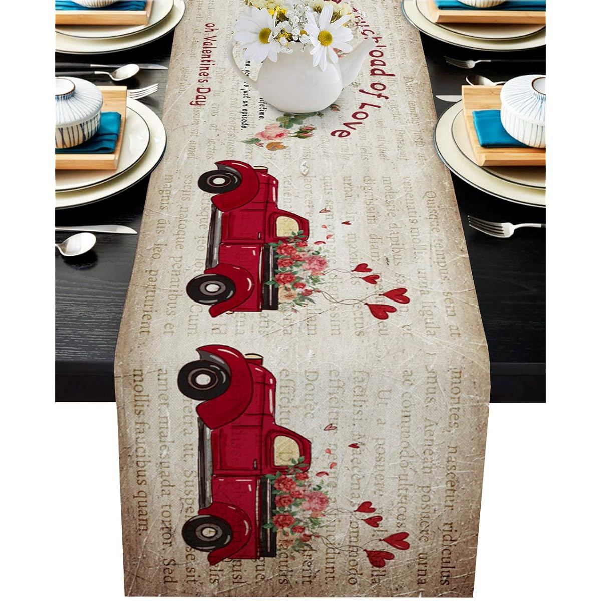 Coffee Table Runner Valentine's Day Rustic Truck Love Rose Burlap Farmhouse Home Kitchen Decor Craft for Family Dinner Party Gathering 18x72 Inch
