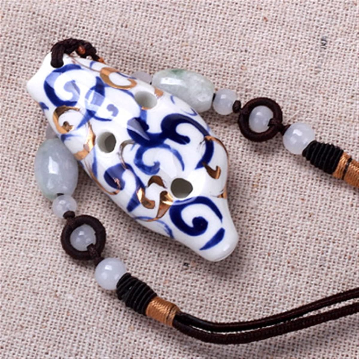 6 Hole Ocarina 6 Hole Mini Super Treble F Key Blue and White Gold Painted Necklace Small Ocarina Ocarina Musical Instrument