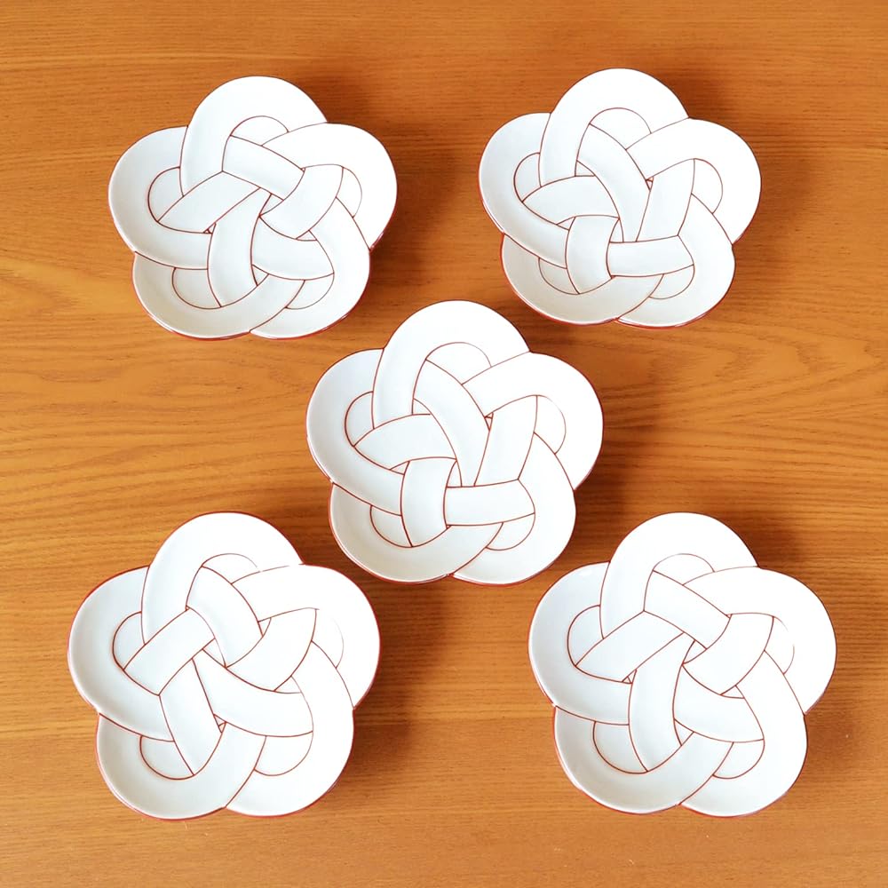 New Year Tableware, Japanese Tableware, Plate, 15cm, Lucky Charm, Arita Ware, Plum Musubi, Red, Vermillion Line, Medium Plate, Set of 5, Presentation Box