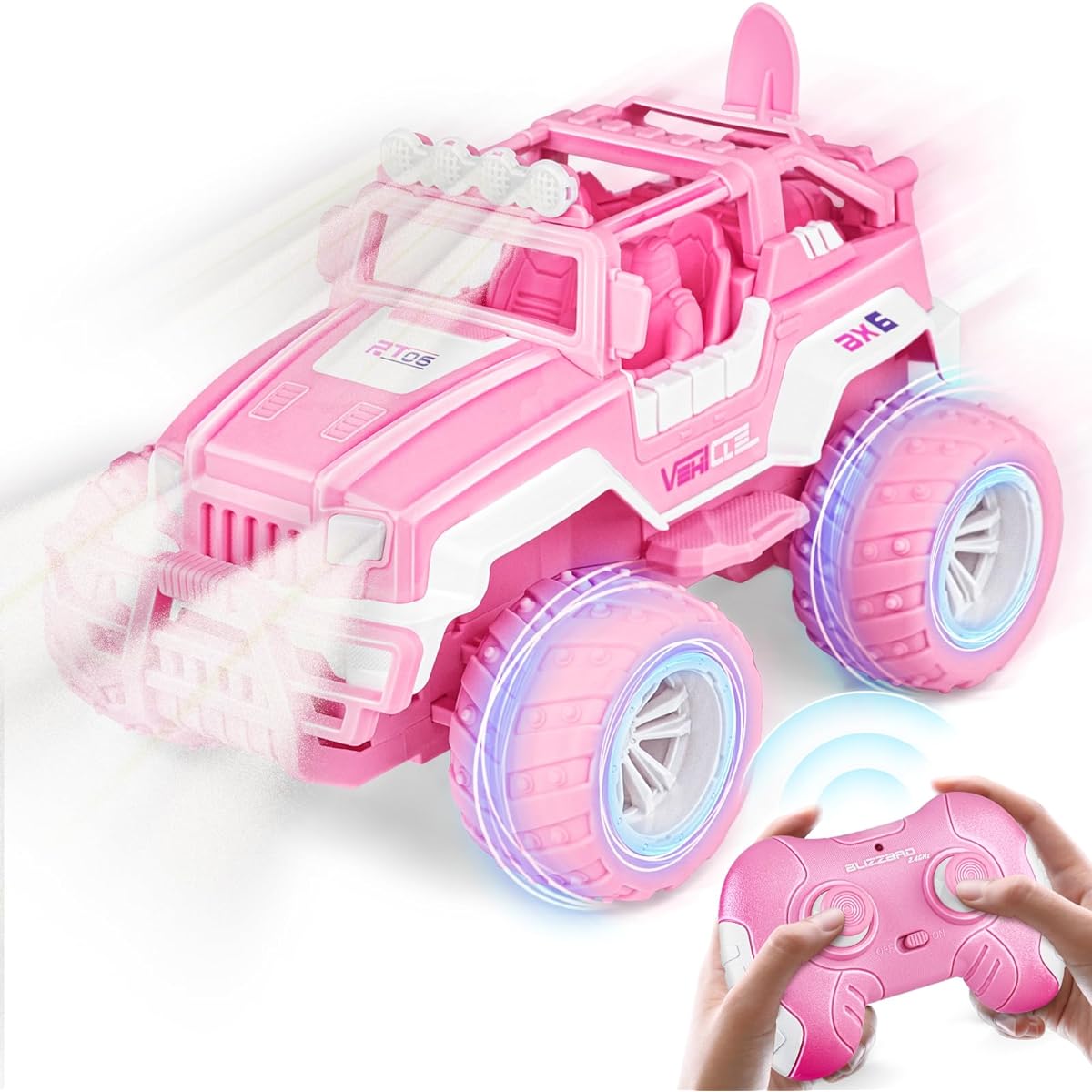 OWNONE Pink Remote Control Car for Girls, 1:16 Scale RC Jeep with LED Lights & Rechargeable Battery, 80 Minutes Playtime, 2.4GHz Pink Truck Toys, Great Gift for Girls