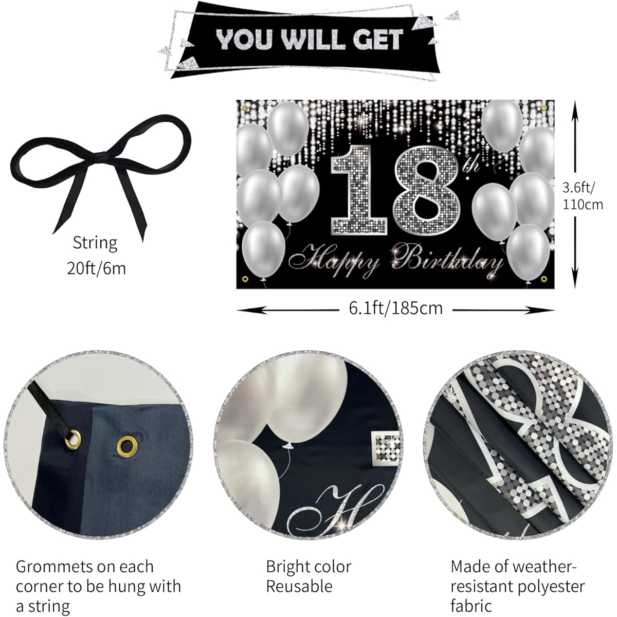 HTDZZI 18th Birthday Banner Backdrop 18th Birthday Decorations for Boys/Girls Black Silver 18th Birthday Party Yard Sign Photo Props Decoration Supplies Unisex Fabric