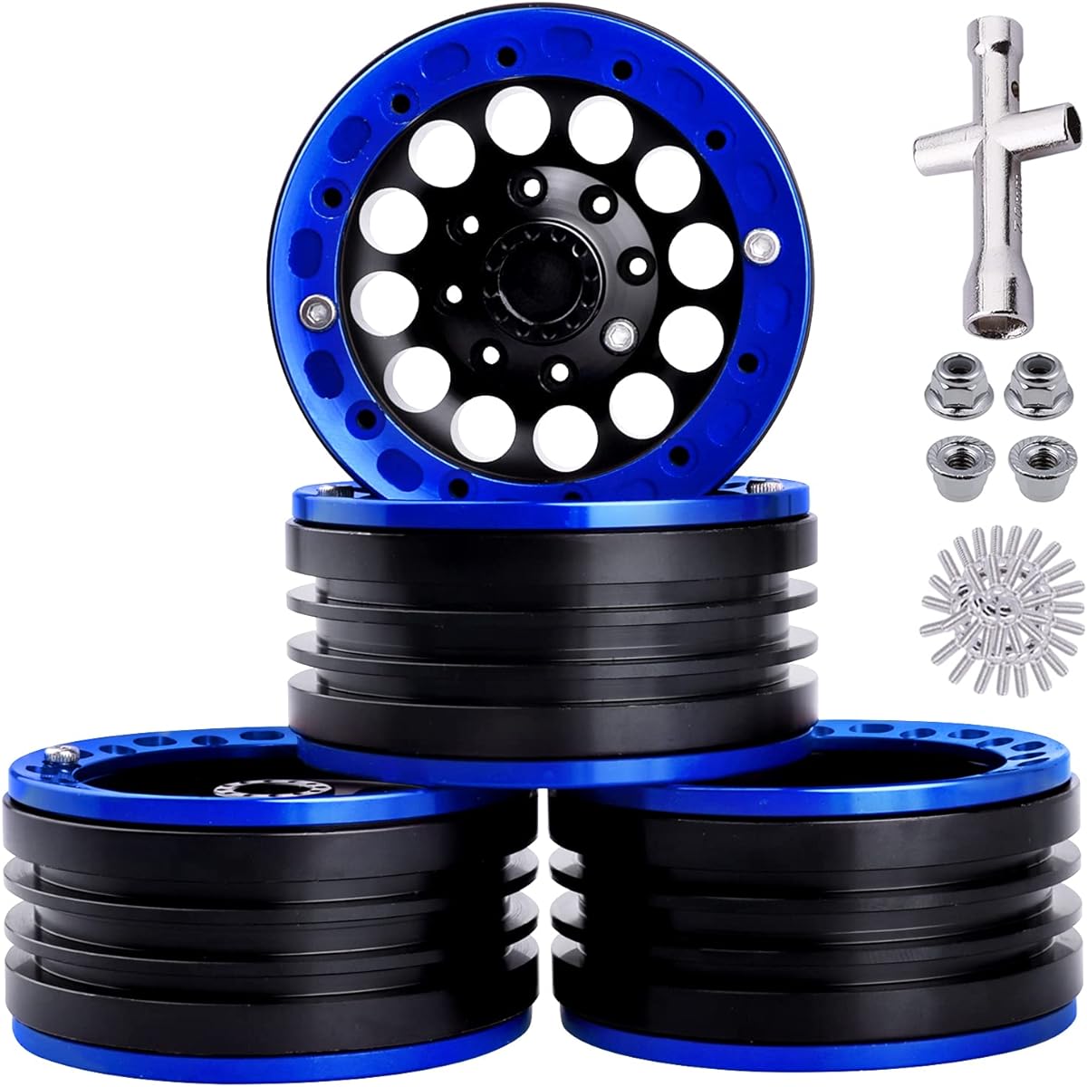 HobbyPark Aluminum Metal 1.9 Beadlock Wheels 1/10 RC Crawler Upgrade for Traxxas TRX-4 Axial SCX10 II Redcat Gen 8 (4 Pack) (Navy Blue + Black)