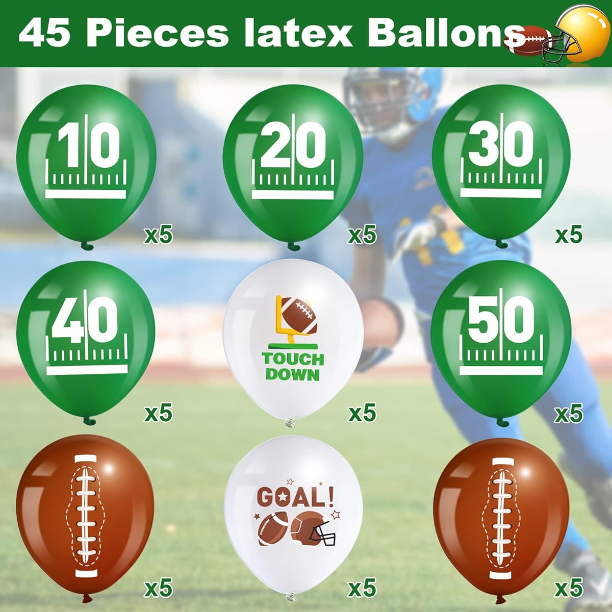 45pcs Football Balloons,Sport Latex Balloons,Football Party Balloons,Touchdown,White,Green,Brown Balloons,Game,Sports Birthday Party,Football Theme Decorations