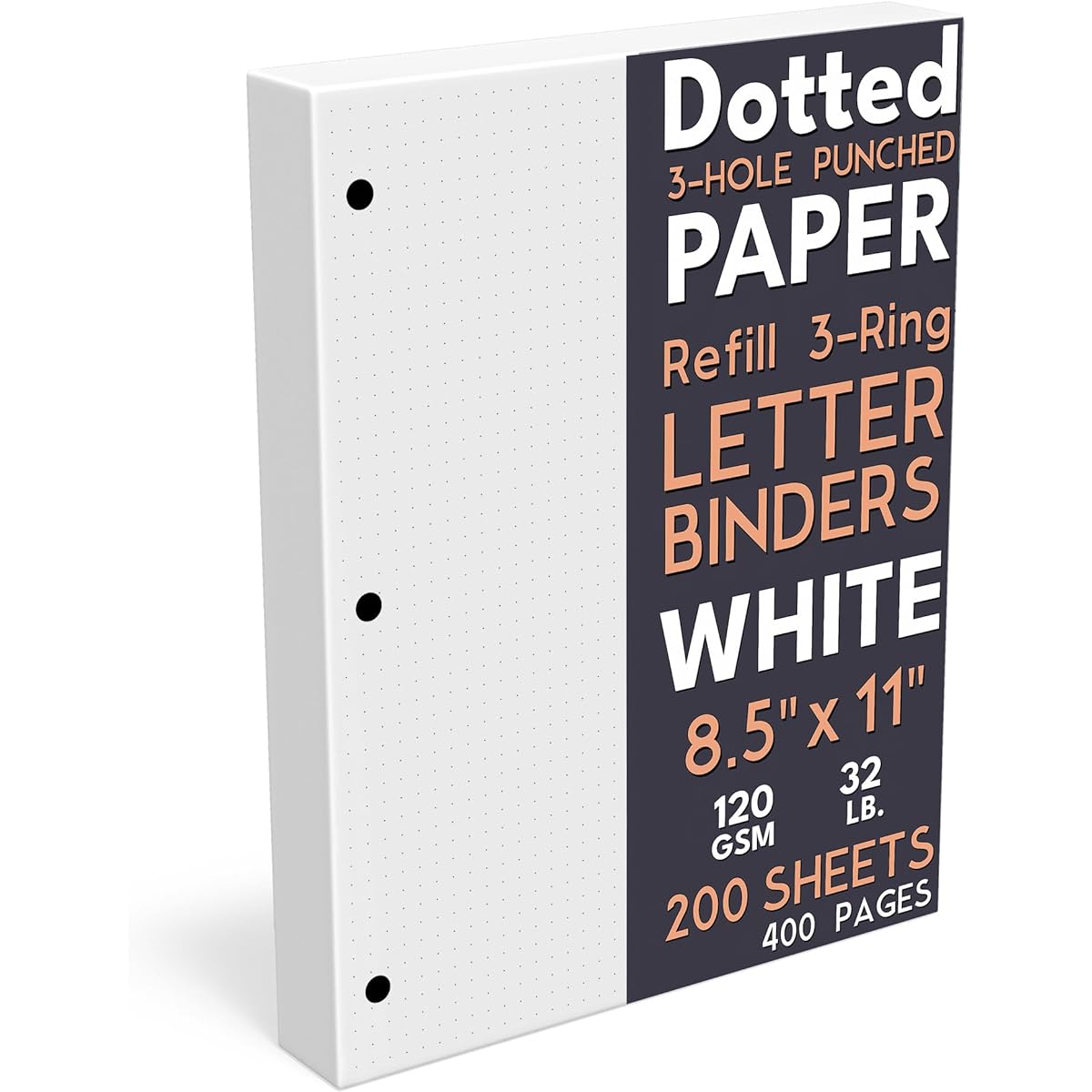 Dot Graph Paper Letter Size 3 Hole Punch (Large Hole) 200 Sheets/400 Pages 120GSM 8.5x11 Inch White for Calligraphy, Diary, Drawing