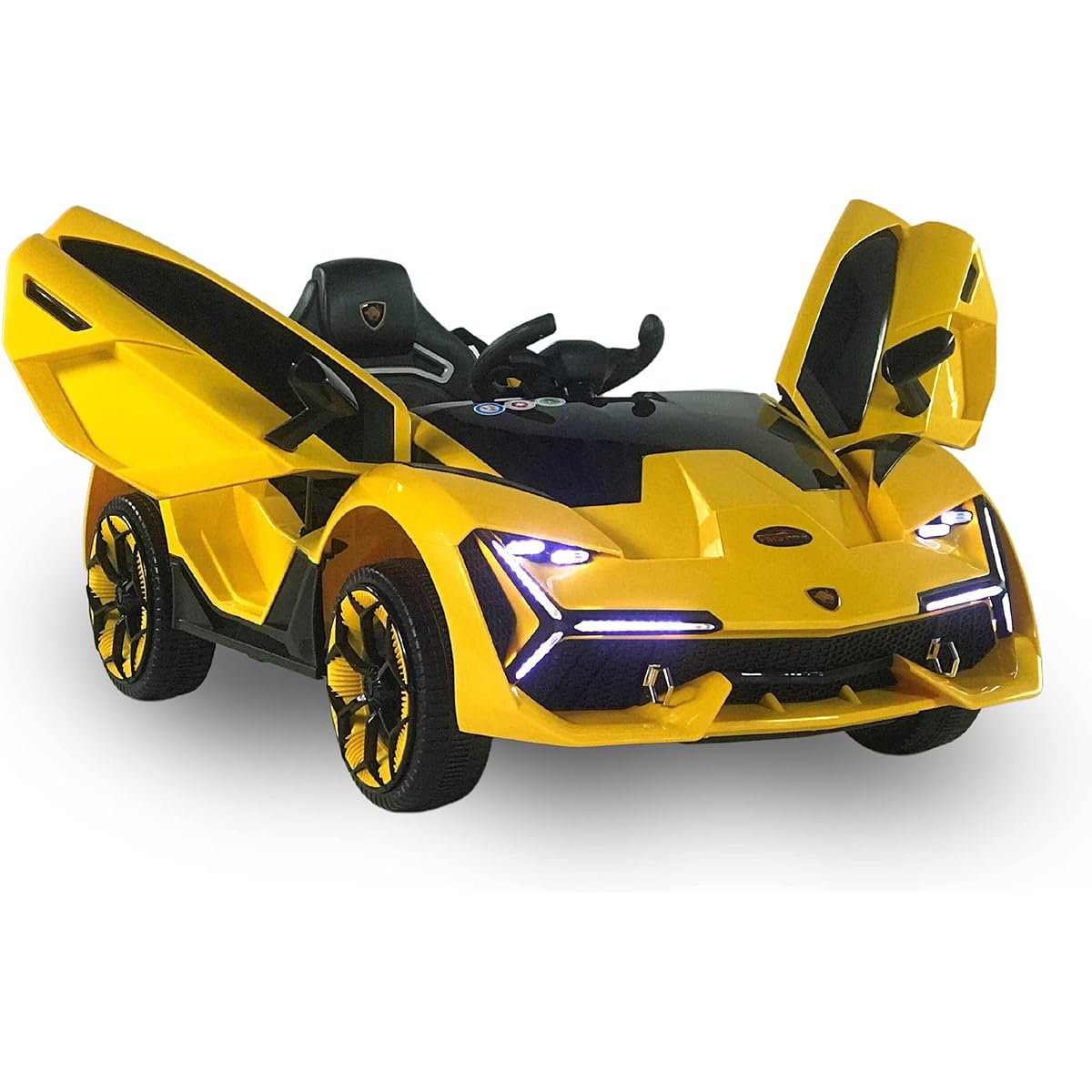 First Drive Lambo Concept Yellow 12V Kids Car - Dual Motor Electric Ride On Car with Remote, MP3, AUX Cord, LED Headlight, Premium Wheels