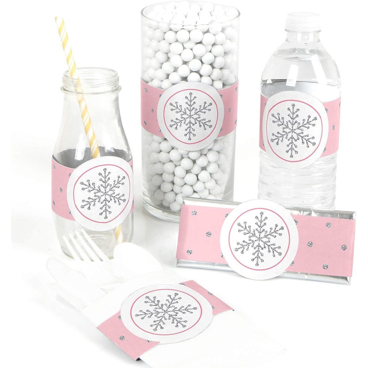 Big Dot of Happiness Pink Winter Wonderland - DIY Party Supplies - Holiday Snowflake Birthday Party Baby Shower DIY Wrappers Favors Decorations - Set of 15