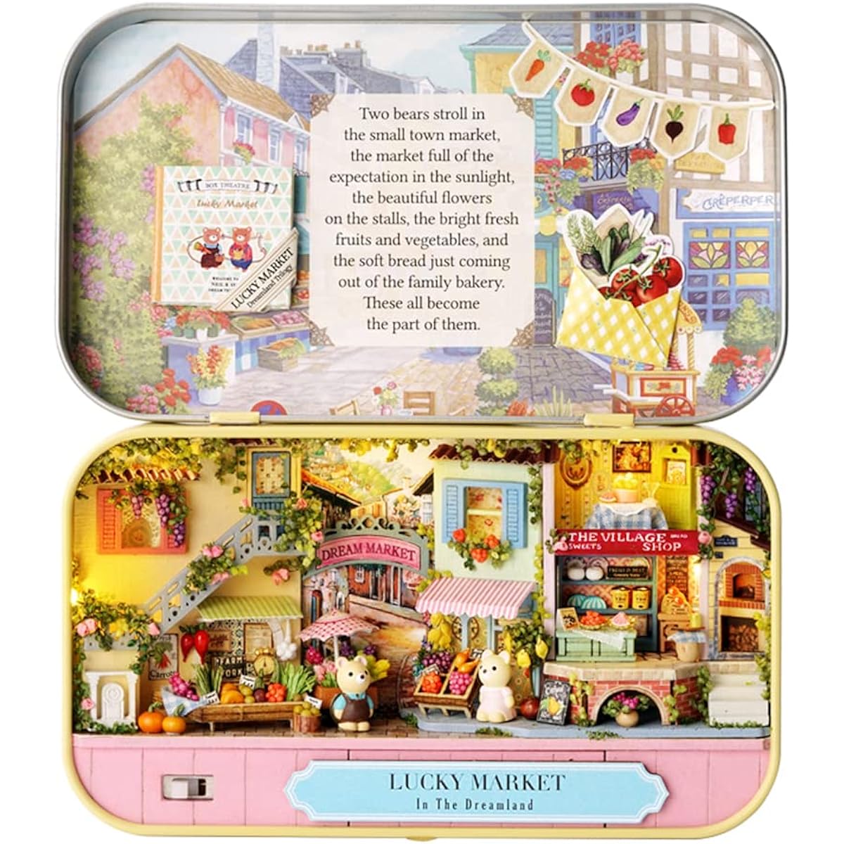 Kisoy Dollhouse Miniature with Furniture Kit Handmade DIY House Model Gift for Teens Adults (Lucky Market)