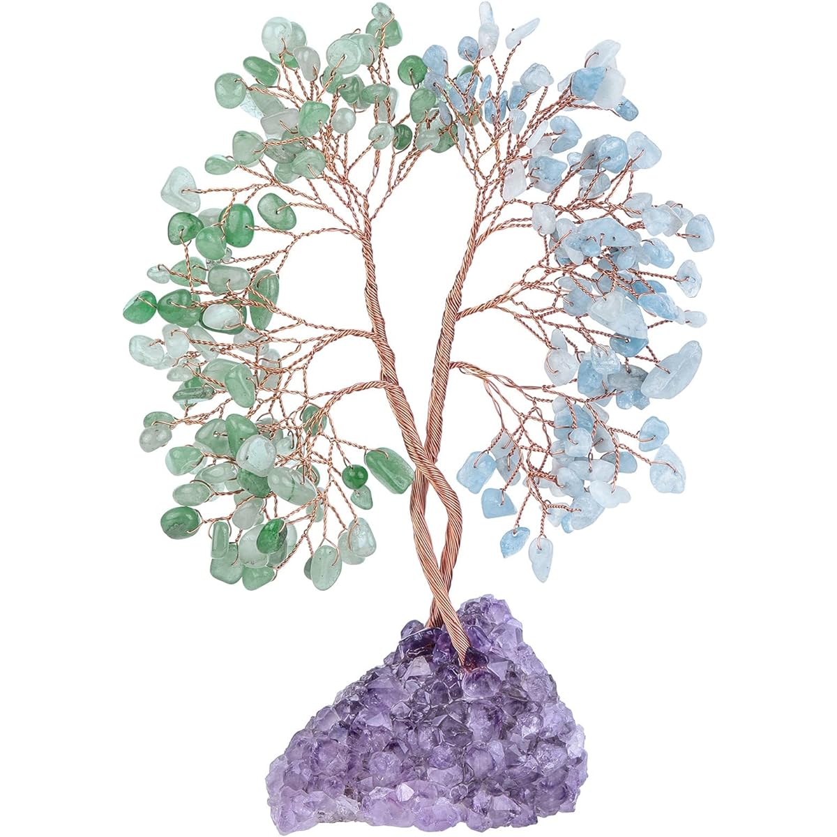 TUMBEELLUWA Aquamarine + Green Aventurine Crystal Stone Money Tree with Natural Amethyst Cluster Base Handmade Feng Shui Bonsai Tree Ornament Decoration for Good Luck and Wealth