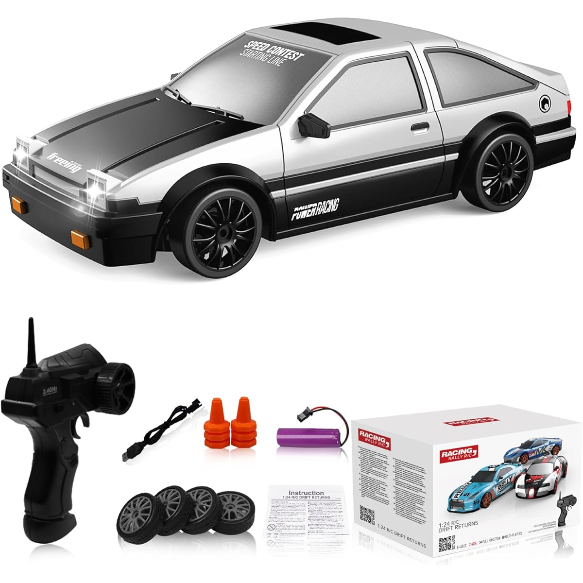 Remote Control Car RC Drift Car 2.4GHz 1:24 Scale 4WD 15KM/H High Speed Model Vehicles with LED Lights Drift Tires Racing Sports Toys Cars for Adults Boys Girls Kids Gifts 2 Rechargeable Batteries