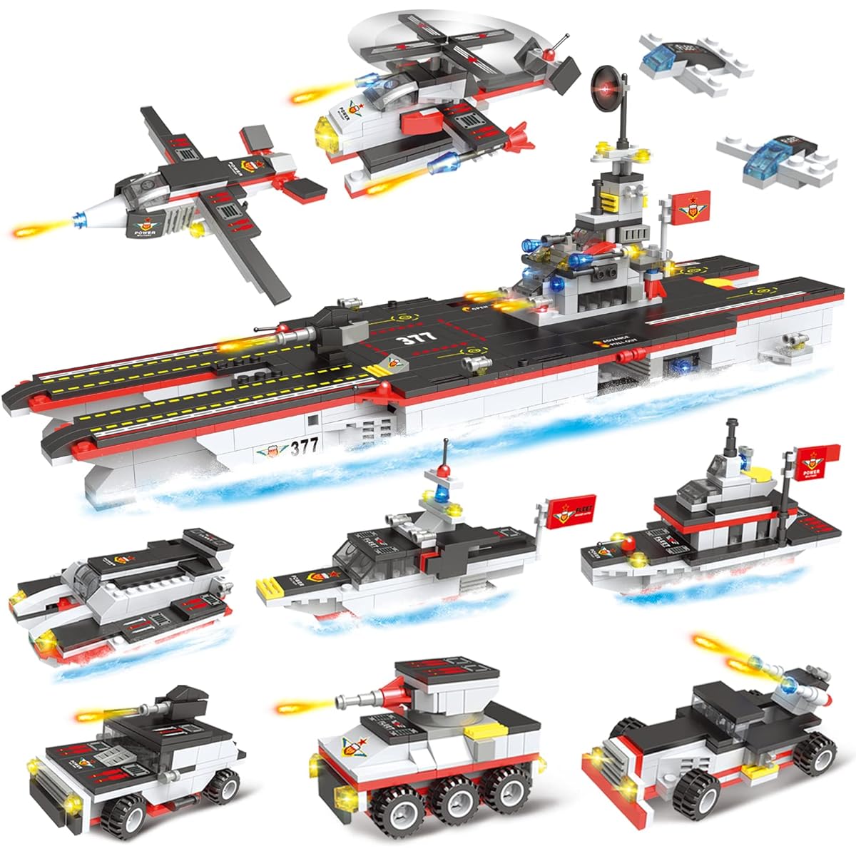 Aircraft Carrier Building Blocks Set, 8 in 1 Military Battleship Model Building Toy Kit with Armored Tank, Helicopter, Patrol Boat, Learning Role Play STEM Construction Toys, Gifts for Kids Ages 6+