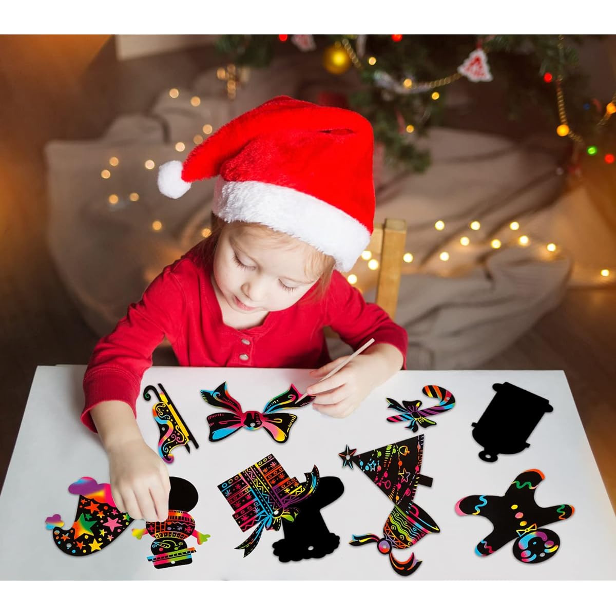 WaaHome 24pcs Rainbow Scratch Christmas Ornaments, Christmas Scratch Art Paper Crafts for Kids, School Classroom DIY Crafts, Christmas Winter Holiday Party Decorations and Giveaways