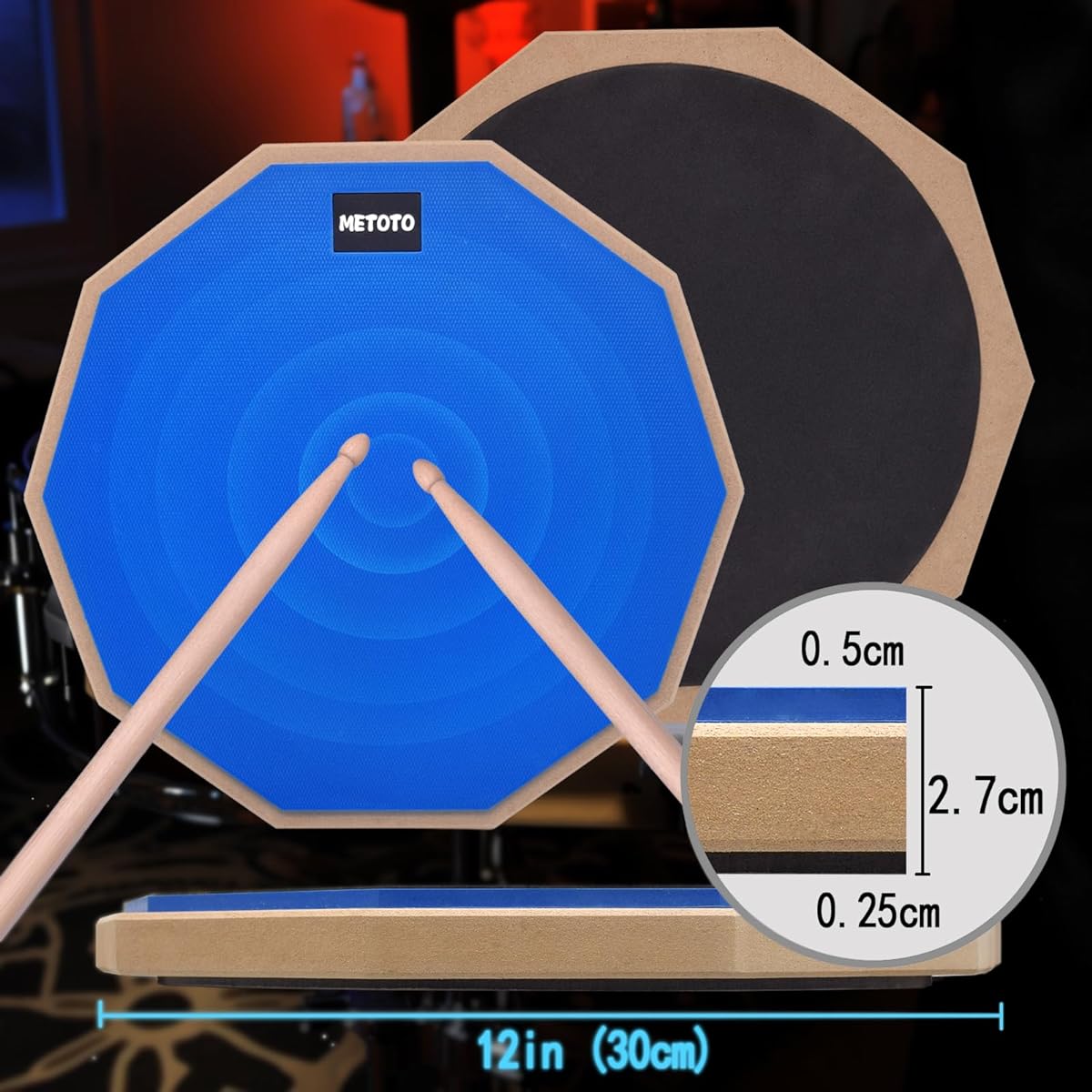METOTO Snare Drum Practice Pad Kit with Stand, 12" Double-Sided Practice Drum Pad Set, Height Adjustable, 14.5-23"