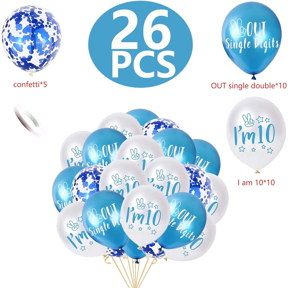 10th Birthday Balloons Peace Out 1 Digit I'm 10th Birthday Latex Confetti Balloon Ribbon 10th Birthday Party Decorations 12 Inch (Blue)