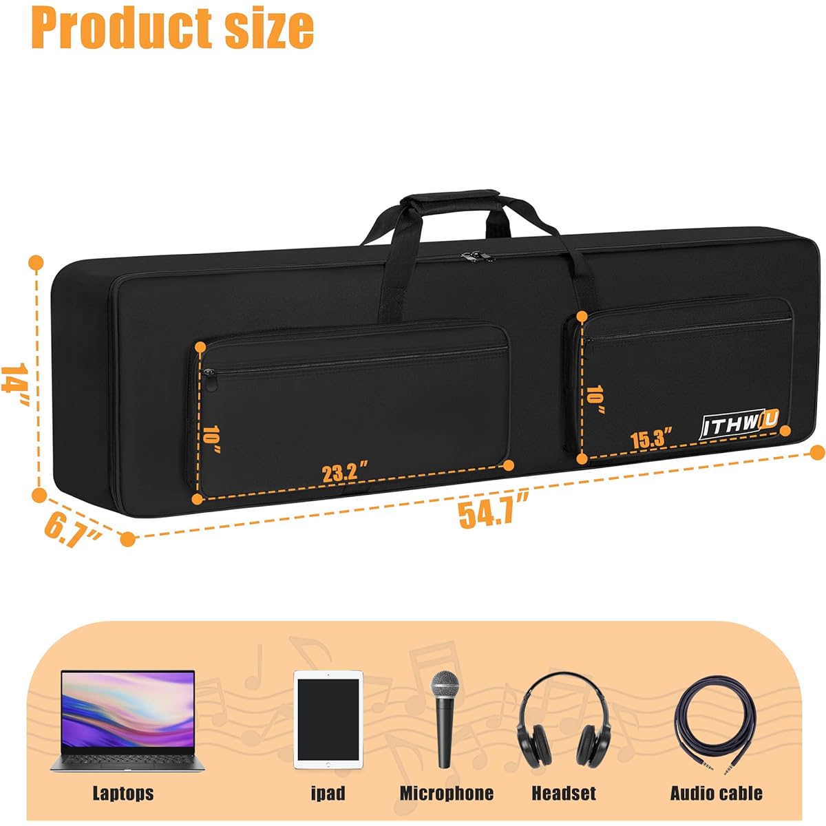 ITHWIU Keys Keyboard Case, Keyboard Gig Bag with Electric Piano Pad, Adjustable Strap and 5 Pockets for Keyboard Accessories, Black, 88 Note-Lenth 54"