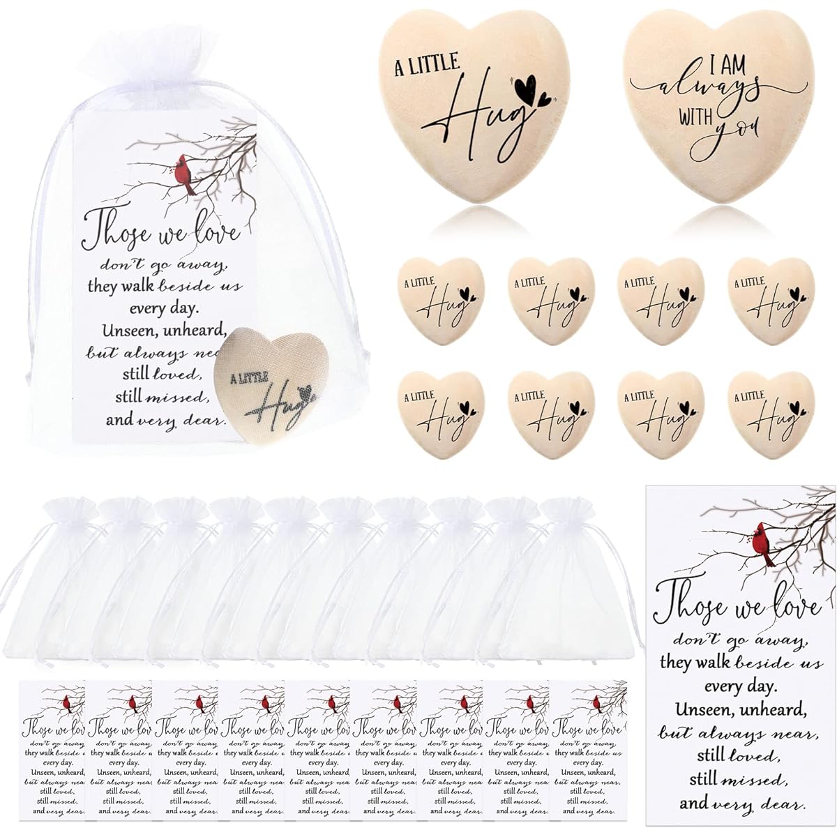 Fulmoon 100 Set Memorial Pocket Hug Wooden Heart Token Memorial Pocket Heart Charm Family Funeral Gift with Organza Bag and Cardinal Greeting Card Church Favors