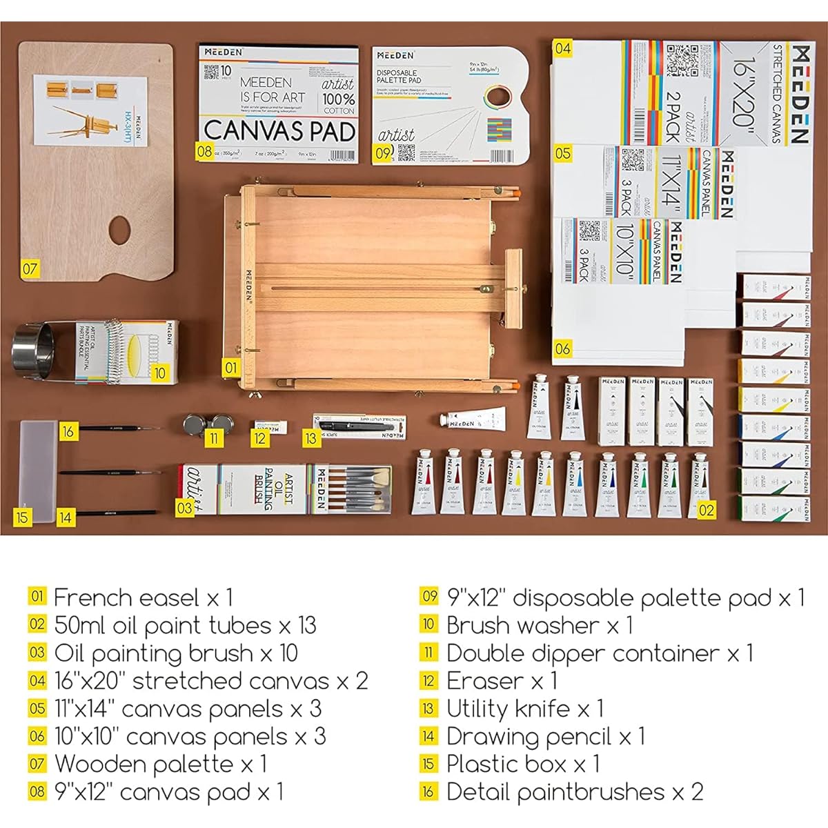 MEEDEN Oil Painting Set with French Easel, Oil Painting Set 13x50ml/1.6oz Oil Paint Brushes, Canvas & Oil Painting Supplies for Adults & Artists