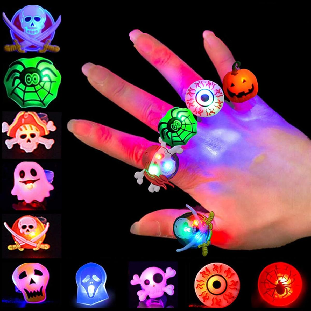 50pcs Halloween Light Up Glowing Rings, Halloween Party Favors LED Rings Halloween Flashing Glowing Finger Rings, Fun Toys for Kids Adults