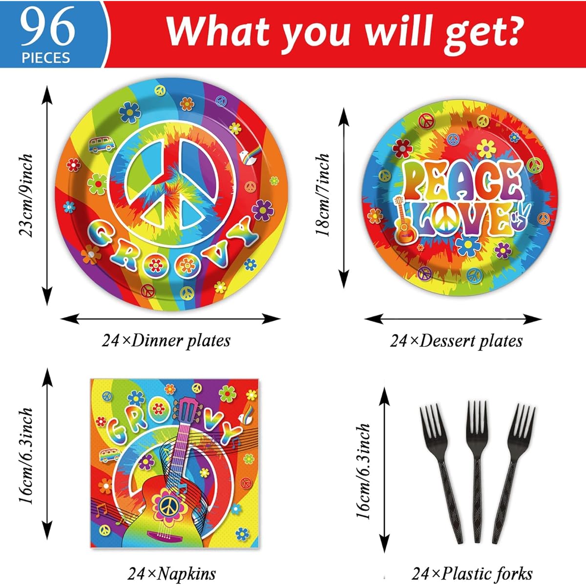 96 Piece 60's Party Hippie Tableware Set Groovy Hippie Plates Napkins 60's Hippie Theme Party Decorations Peace Love Tie-Dye Style Disposable Paper Tableware Birthday Party Favors Serves 24