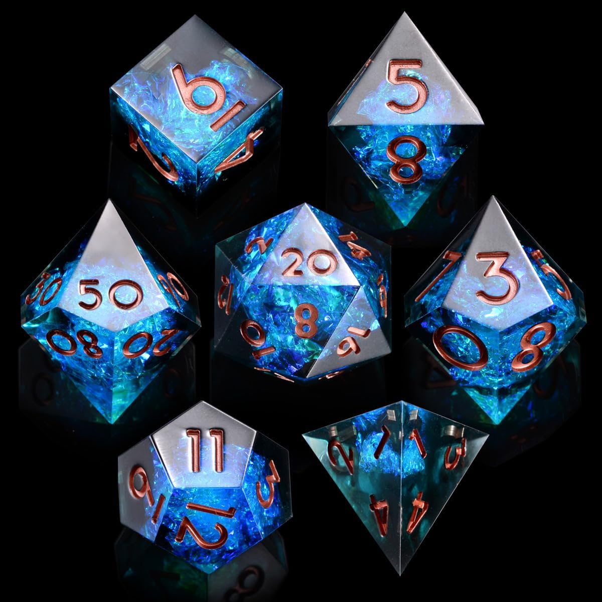 Silph PLC DND Dice Set 7pcs Sharp Edge Dice Accessories with Box for MTG Role Playing Dice & Resin Dice Molds with Dice for D20 D12 D10 D8 D6 D4 RPG Table Set Card Games (Abyssal Sapphire Essence)