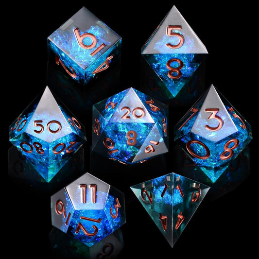 Silph PLC DND Dice Set 7pcs Sharp Edge Dice Accessories with Box for MTG Role Playing Dice & Resin Dice Molds with Dice for D20 D12 D10 D8 D6 D4 RPG Table Set Card Games (Abyssal Sapphire Essence)
