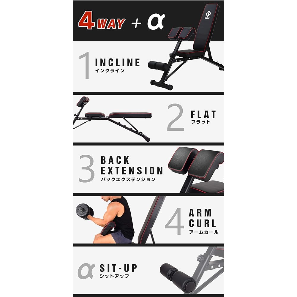 WASAI Training Bench Back Extension Bench (Arm Curl/Angle Adjustable) [Incline/Flat/Sit Up] Home Muscle Training Multi-Training Bench Home Gym