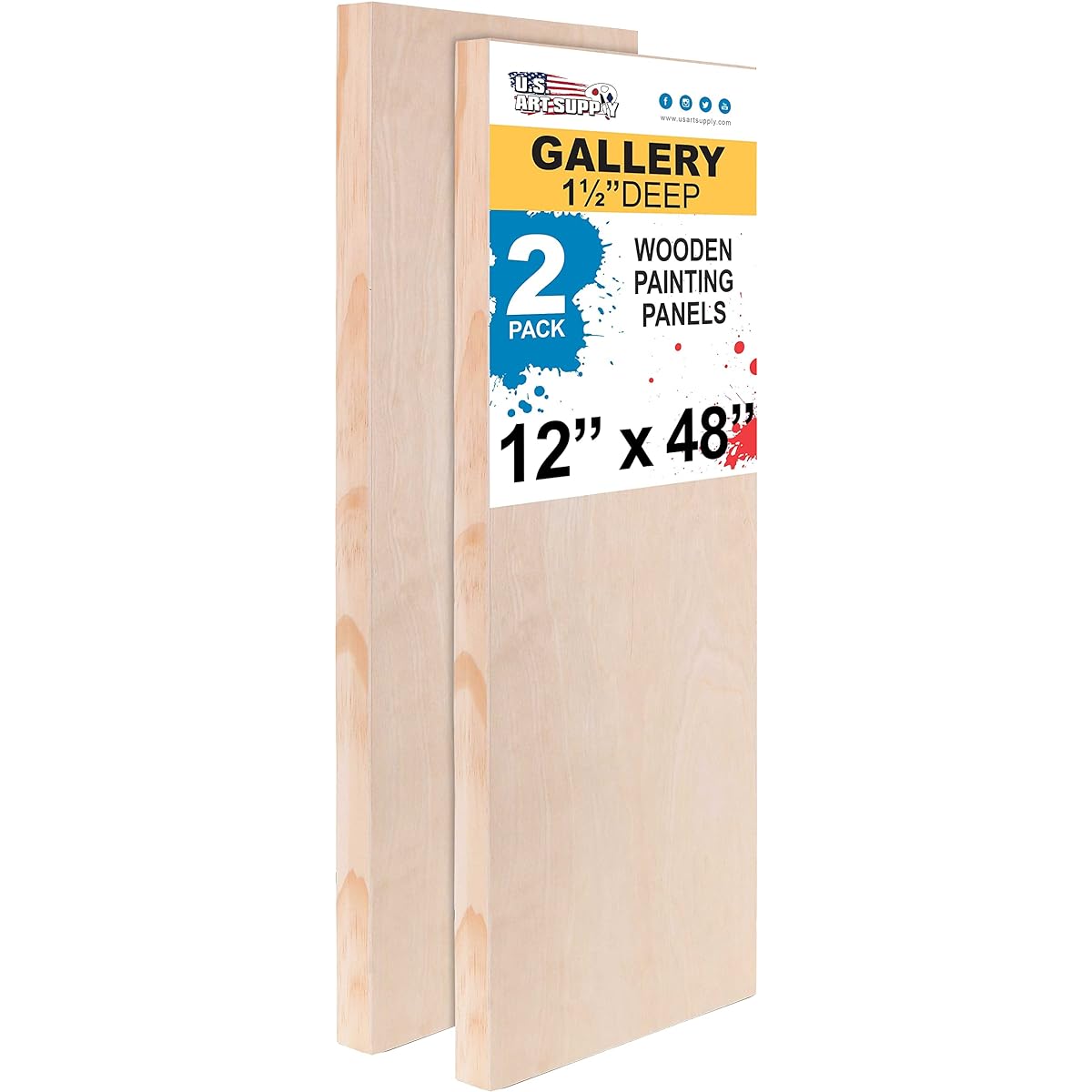 U.S. Art Supply 12" x 48" Birch Wood Paint Pour Panel Board Gallery 1-1/2" Depth Cradle (Pack of 2) - Artist Depth Wood Wall Canvas - Paint Mix Media Craft Acrylic Oil Baking