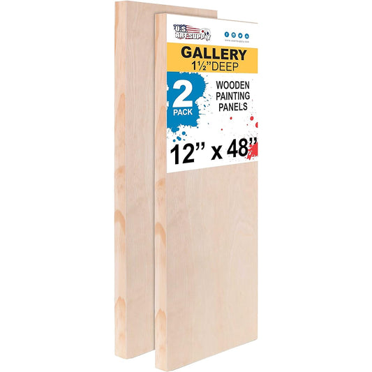 U.S. Art Supply 12" x 48" Birch Wood Paint Pour Panel Board Gallery 1-1/2" Depth Cradle (Pack of 2) - Artist Depth Wood Wall Canvas - Paint Mix Media Craft Acrylic Oil Baking