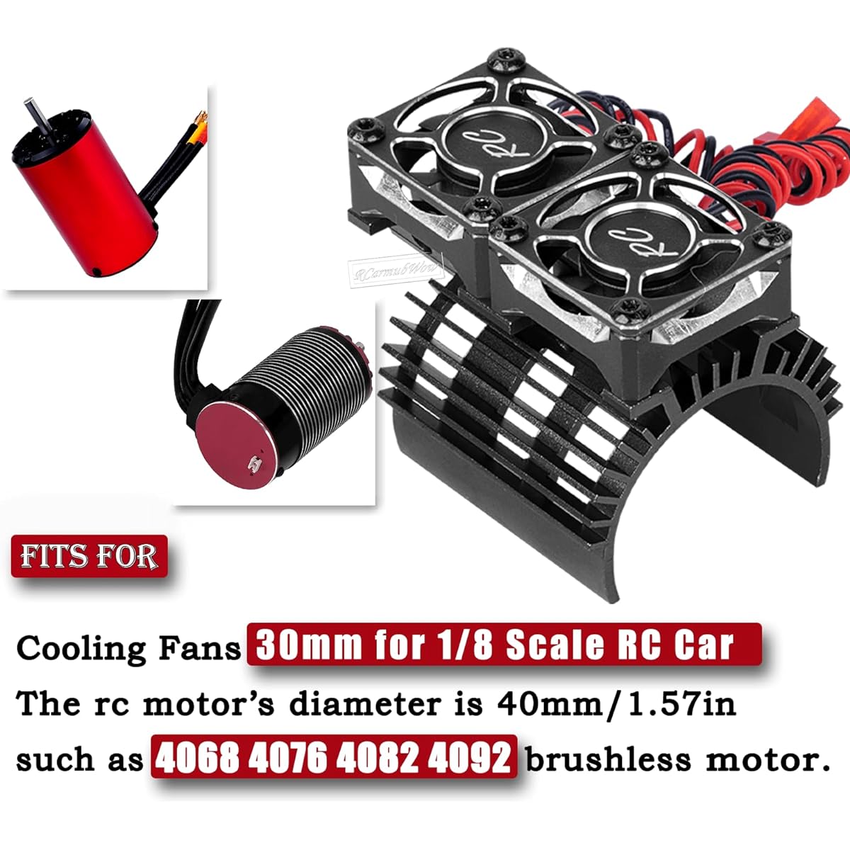 RcarmumbWow RC Motor Heatsink with Cooling Fan Upgrade Parts for 1/8 Scale RC Car 30mm Cooling Fan Heatsink 40mm Mount for 4068 4274 Brushless Motor Black