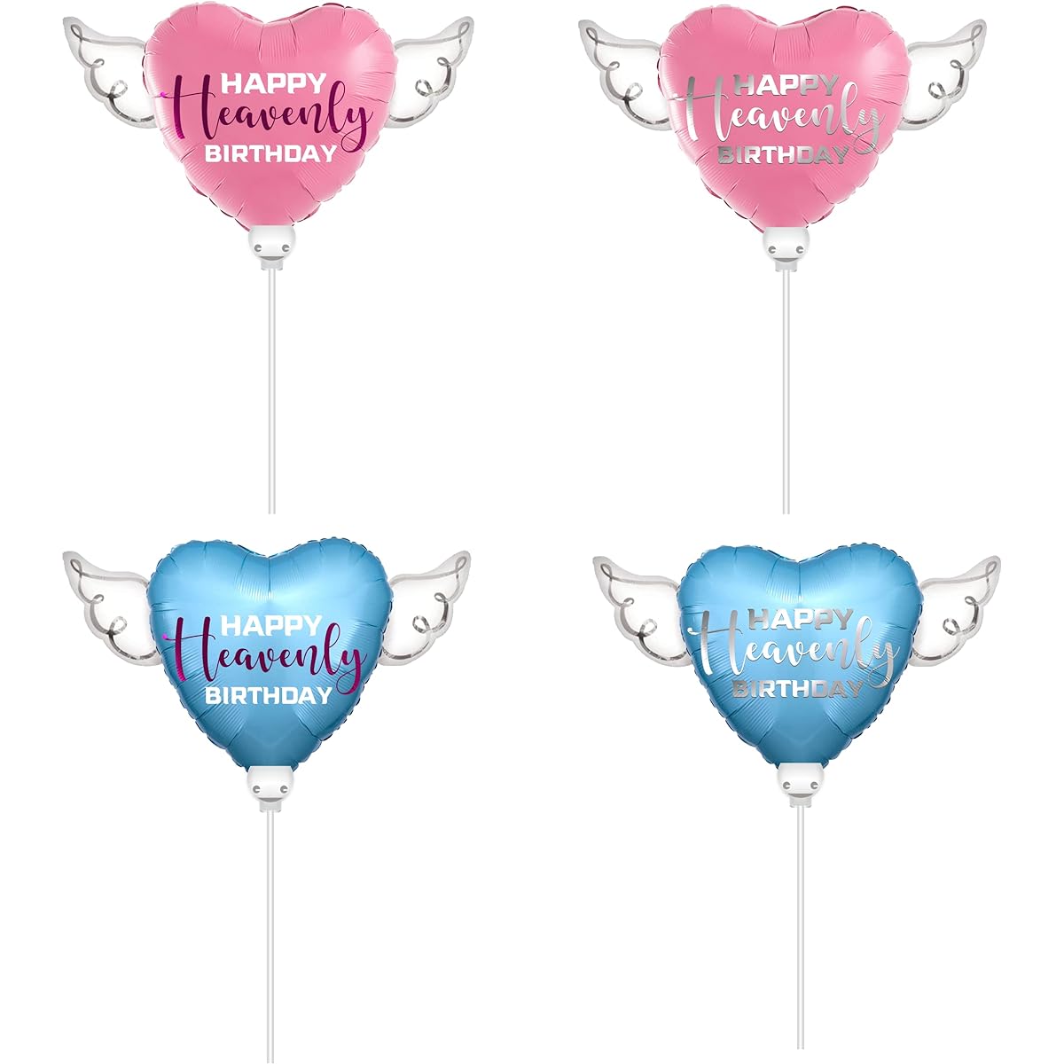 Happy Heavenly Birthday Balloons on Sticks, Heart Shaped with Angel Wings (Variety 4 Pack)