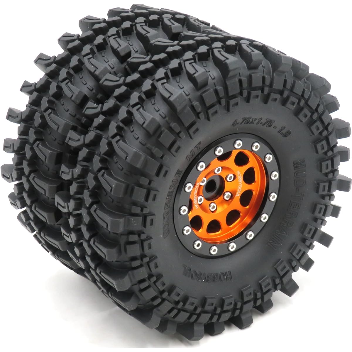 HOBBYSOUL RC 1.9 Mud Terrain Tires Super Grip Soft Crawler Truck Tires 121mm/4.75" & Aluminum 1.9 Beadlock Wheel Rims Hex 12mm Orange/Black (Pre-Mounted) 4pcs