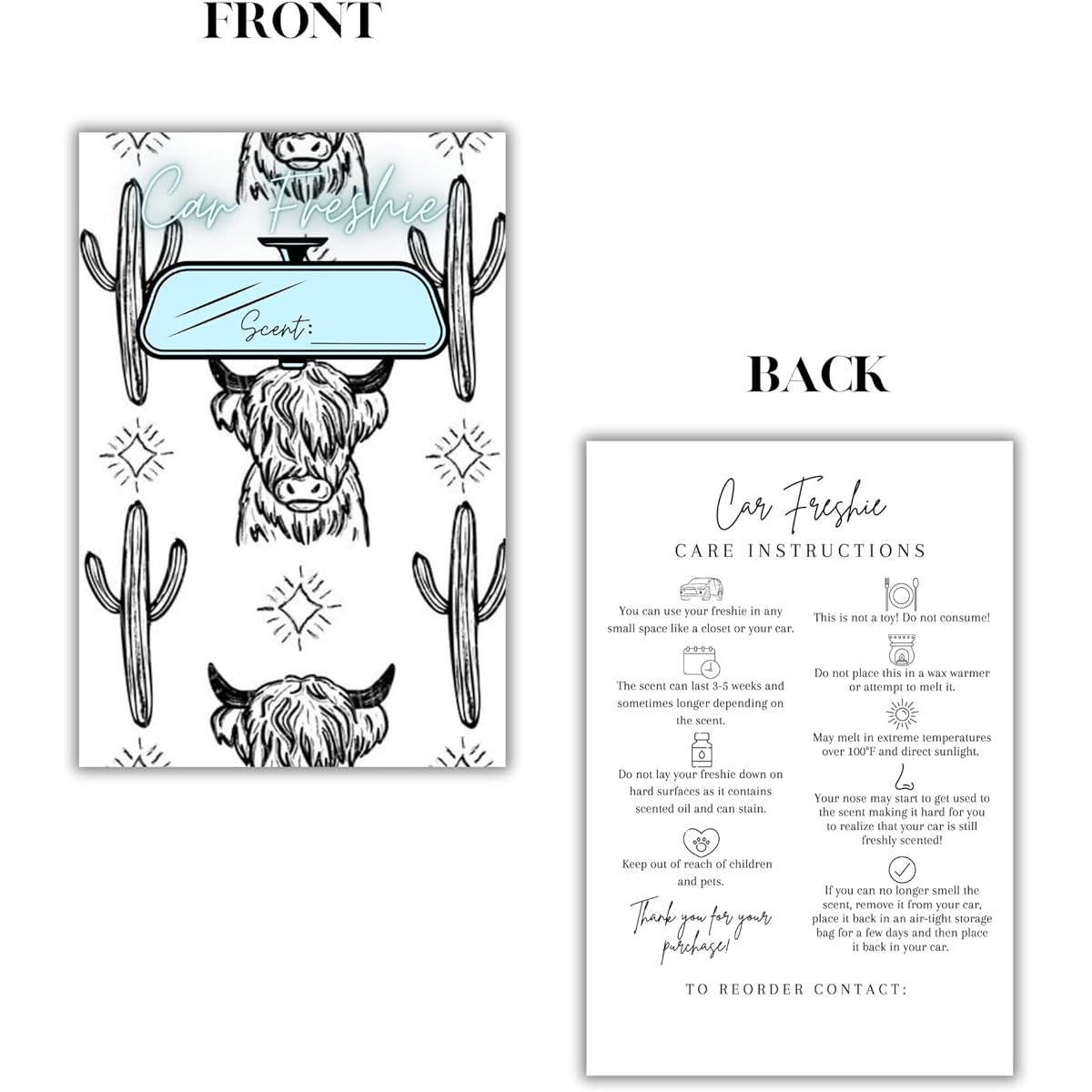 Car Freshie Insert Cards | 50 Pack 4x6" Western Cactus Highland Cow 5x7" Holographic Bags Fresh Scent Labels Care Instructions Card Stock